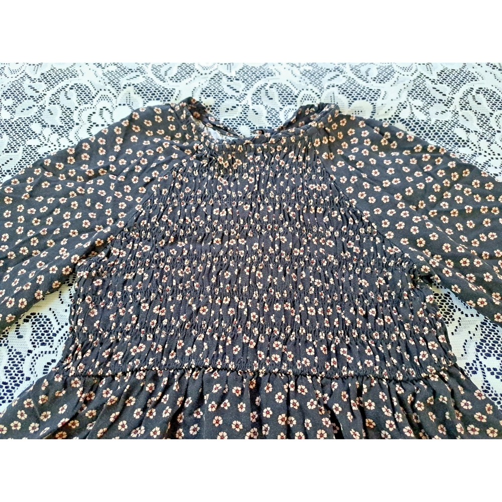 Zara Mini Dress Junior Sz. 13-14 Black Floral Smocked Front Long Sleeve Babydoll - Picture 6 of 10